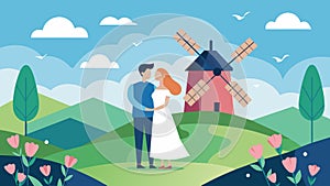 In the midst of a romantic countryside elopement a couple stands atop a charming windmill declaring their undying love