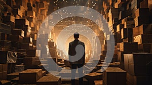 In the Midst of Storage: Man Surrounded by Towering Cardboard Boxes