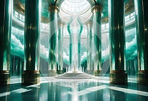 In the midst of swirling clouds of iridescent colors, a luxurious nebulous teleportation station stands photo