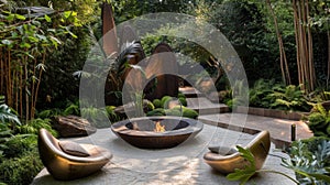 In the midst of a tranquil garden a fire pit is surrounded by avantgarde sculptures creating a striking juxtaposition of photo