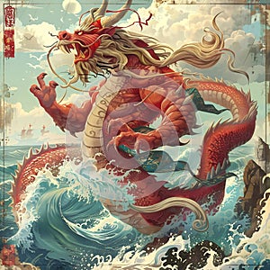 A majestic dragon boy with vibrant red scales and piercing yellow eyes stands powerful on the ocean& x27;s edge, his sharp horns photo