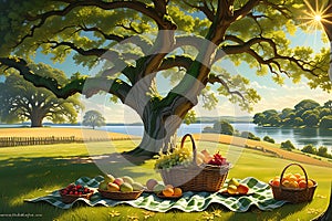 Midsummer Afternoon, Sun Casting Elongated Shadows beneath an Ancient Oak Tree, Light Breeze Stirring Nature\'s Tranquility