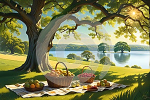 Midsummer Afternoon, Sun Casting Elongated Shadows beneath an Ancient Oak Tree, Light Breeze Stirring Nature\'s Tranquility