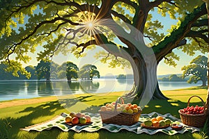 Midsummer Afternoon, Sun Casting Elongated Shadows beneath an Ancient Oak Tree, Light Breeze Stirring Nature\'s Tranquility