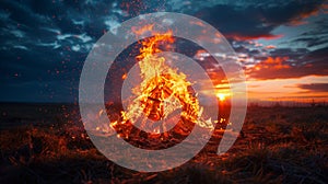 midsummer celebration, on the night before june solstice, a bonfire crackles under the starry sky, marking a time for photo