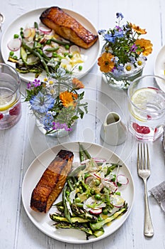 Midsummer meal with salmon and salad