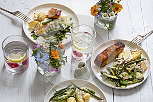 Midsummer meal with salmon and salad