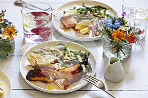 Midsummer meal with salmon and salad