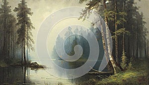 Midsummer Primitivism: A Round, Cropped Painting of a Quiet Beauty Surrounded by Trees in Volumetric Light and Fog