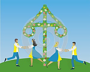 Midsummer in Sweden. Dancing around Maypole. Vector illustration.