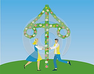 Midsummer in Sweden. Dancing around Maypole. Vector illustration.