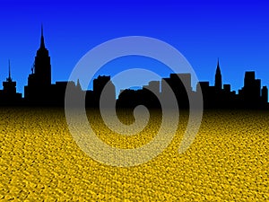 Midtown Manhattan skyline with golden dollar coins foreground illustration