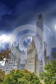 Midtown Manhattan skyscrapers under a coming storm, view form Central Park, New York, USA