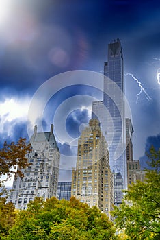 Midtown Manhattan skyscrapers under a coming storm, view form Central Park, New York, USA