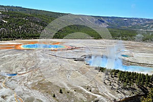 Midway Geyser Basin with Grand Prismatic Spring and Steaming Excelsior Pool, Yellowstone National Park, Wyoming