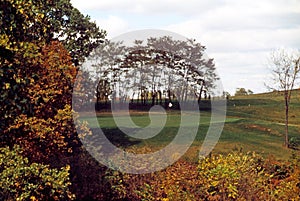 Midwestern autumn scene with colorful trees on a golf course