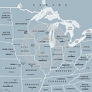 Midwest Region of the United States, American Midwest, gray political map photo
