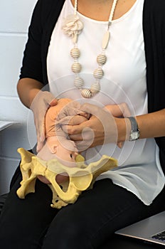 Midwife demonstrate natural childbirth to a pregnant woman