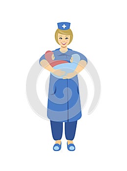 Midwife holding two newborns. Flat illustration