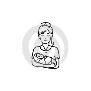 A midwife with a newborn child hand drawn outline doodle icon.