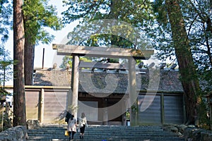 Main hall at Ise Grand Shrine Ise Jingu Naiku - inner shrine in Ise, Mie, Japan. The Shrine was a