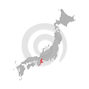Mie prefecture highlighted on the map of Japan