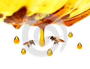 Miel dans le pot en verre avec le vol et les fleurs d`abeille sur un plancher en bois.