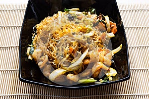 Mien Xao wok stir-fried glass noodles close up