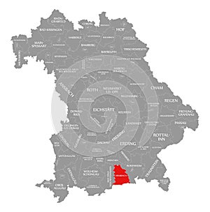 Miesbach county red highlighted in map of Bavaria Germany