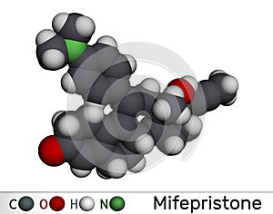 Mifepristone, molecule. It is progestational, glucocorticoid hormone antagonist, emergency contraceptive agent. Molecular model.