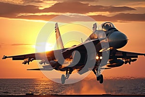 Mig-29 fighter jet landing at sunset, with the sea in the background, is a dramatic and powerful sight that captures the