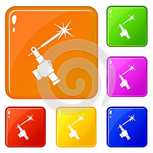 Mig welding torch in hand icons set vector color