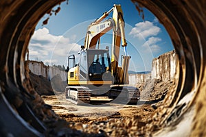 Mighty excavator against blue sky digs, aiding earthworks at construction site near concrete pipe.