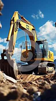 Mighty excavator against blue sky digs, aiding earthworks at construction site near concrete pipe.