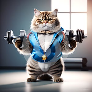 Mighty Feline Fitness: Cat Bodybuilder with Sports Medal Exercising with Dumbbell Weights on a White Background (3D Render