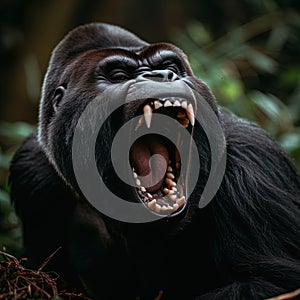 A mighty gorilla roars and shows his fangs.