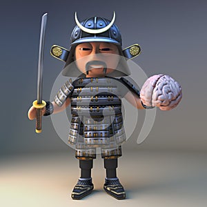 Mighty Japanese samurai warrior in armour in 3d holding his katana sword and human brain, 3d illustration