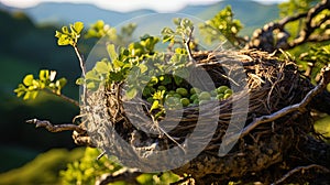 Mighty oak, with many bird nests on the branches, like a hospitable house for numerous inhabitan