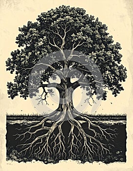 Mighty Oak Tree with Deep Roots Illustration