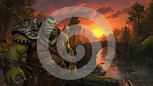 Mighty Orc Warrior at Sunset by Ancient Bridge