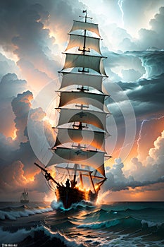 The Mighty Pirate Ship\'s Endeavor to Sail through Stormy Skies and Rolling Waves on a Challenging Sea. AI generated