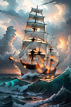 The Mighty Pirate Ship Sailing through Stormy Skies and Towering Waves. AI generated