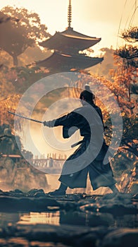 A mighty Samurai practices his art or war swordsmanship with a Japanese temple in the background