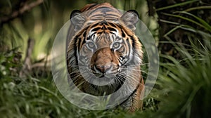 Mighty tiger prowling through the grass created with Generative AI
