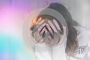 Migraine aura - Portrait of young woman suffering from headache, epilepsy or other problem