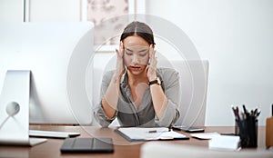 Migraine, headache and business woman in office with online career burnout, mental health risk and mistake. Brain fog