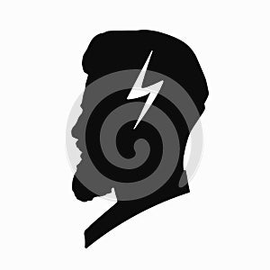 Migraine linear icon. Human head with lightning bolt. Thunderclap head. Temple pressure, pain. Flu symptom. outline symbol. Vector