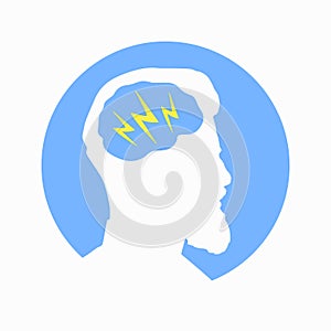 Migraine linear icon. Human head with lightning bolt. Thunderclap head. Temple pressure, pain. Flu symptom. outline symbol. Vector