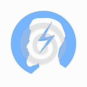 Migraine linear icon. Human head with lightning bolt. Thunderclap head. Temple pressure, pain. Flu symptom. outline symbol. Vector