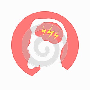 Migraine linear icon. Human head with lightning bolt. Thunderclap head. Temple pressure, pain. Flu symptom. outline symbol. Vector